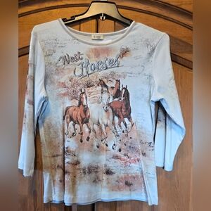 Cactus Women's Western Top X-Large Running Horses Rhinestones Blue 3/4 Sleeve XL